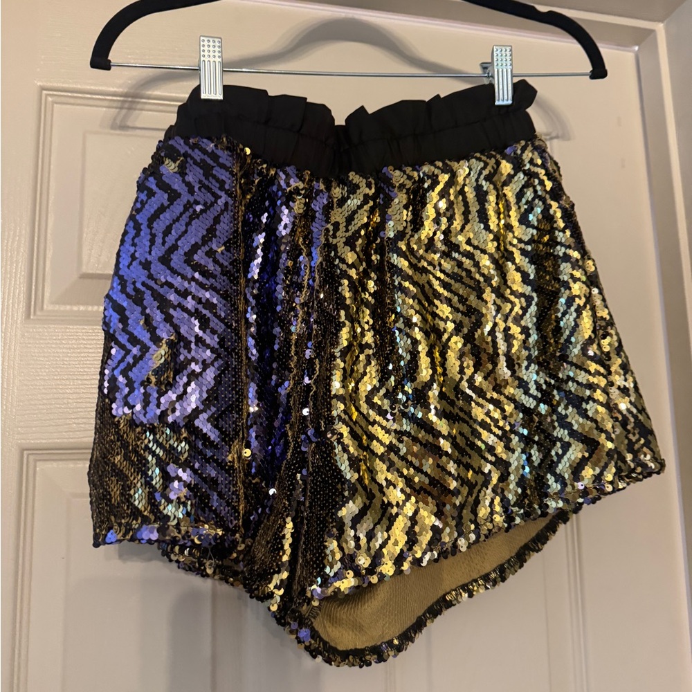 QUEEN OF SPARKLES High Waist Sequin Tiger stripe Shorts - Black, Gold, purple